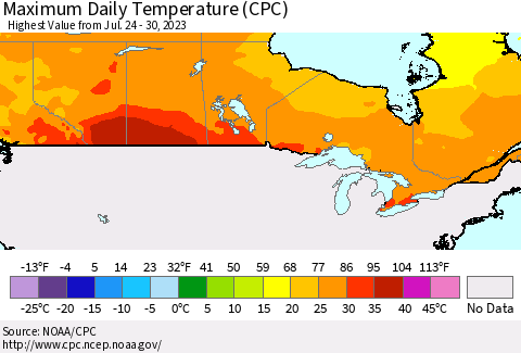Canada Maximum Daily Temperature (CPC) Thematic Map For 7/24/2023 - 7/30/2023