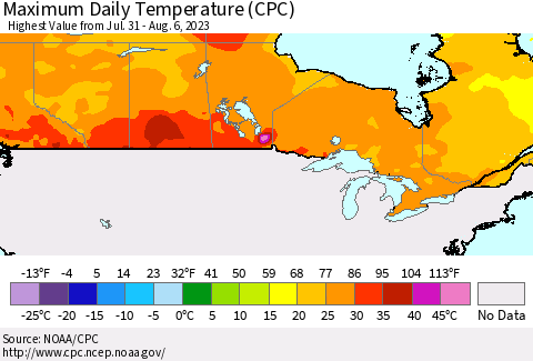 Canada Maximum Daily Temperature (CPC) Thematic Map For 7/31/2023 - 8/6/2023