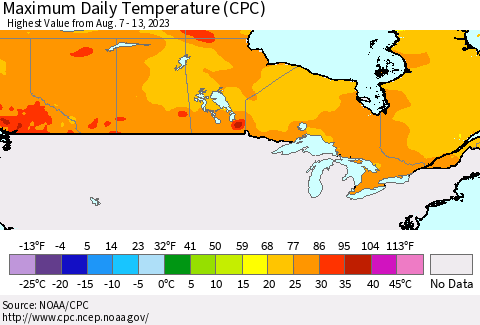 Canada Maximum Daily Temperature (CPC) Thematic Map For 8/7/2023 - 8/13/2023