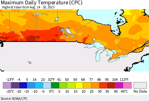 Canada Maximum Daily Temperature (CPC) Thematic Map For 8/14/2023 - 8/20/2023