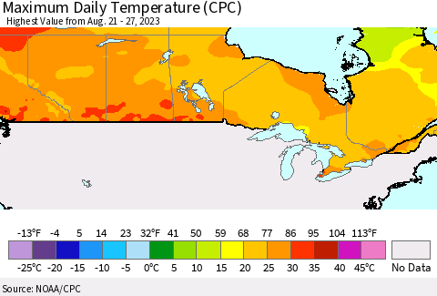 Canada Maximum Daily Temperature (CPC) Thematic Map For 8/21/2023 - 8/27/2023