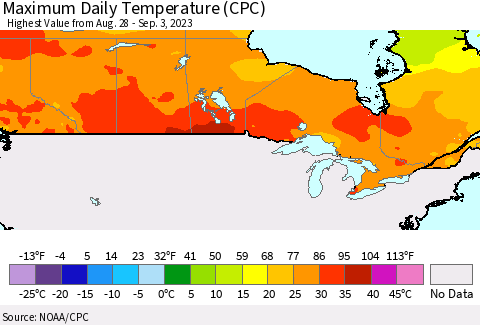 Canada Maximum Daily Temperature (CPC) Thematic Map For 8/28/2023 - 9/3/2023