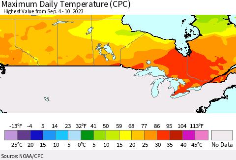 Canada Maximum Daily Temperature (CPC) Thematic Map For 9/4/2023 - 9/10/2023
