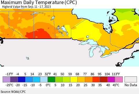 Canada Maximum Daily Temperature (CPC) Thematic Map For 9/11/2023 - 9/17/2023