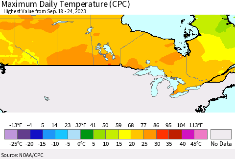 Canada Maximum Daily Temperature (CPC) Thematic Map For 9/18/2023 - 9/24/2023