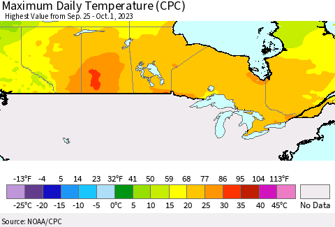 Canada Maximum Daily Temperature (CPC) Thematic Map For 9/25/2023 - 10/1/2023