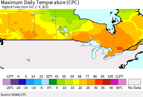 Canada Maximum Daily Temperature (CPC) Thematic Map For 10/2/2023 - 10/8/2023