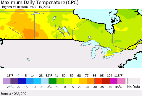 Canada Maximum Daily Temperature (CPC) Thematic Map For 10/9/2023 - 10/15/2023