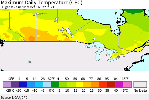 Canada Maximum Daily Temperature (CPC) Thematic Map For 10/16/2023 - 10/22/2023