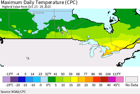 Canada Maximum Daily Temperature (CPC) Thematic Map For 10/23/2023 - 10/29/2023
