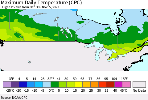 Canada Maximum Daily Temperature (CPC) Thematic Map For 10/30/2023 - 11/5/2023