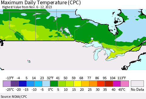 Canada Maximum Daily Temperature (CPC) Thematic Map For 11/6/2023 - 11/12/2023