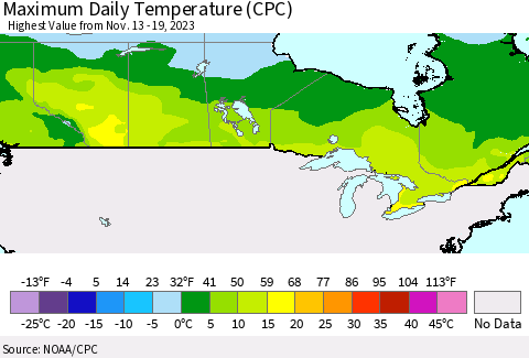 Canada Maximum Daily Temperature (CPC) Thematic Map For 11/13/2023 - 11/19/2023