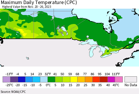 Canada Maximum Daily Temperature (CPC) Thematic Map For 11/20/2023 - 11/26/2023