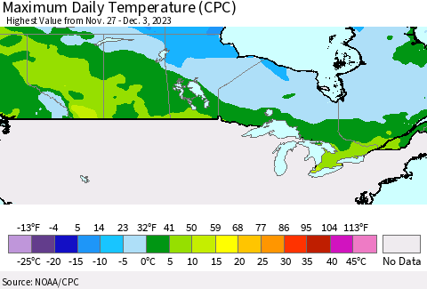 Canada Maximum Daily Temperature (CPC) Thematic Map For 11/27/2023 - 12/3/2023