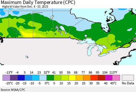 Canada Maximum Daily Temperature (CPC) Thematic Map For 12/4/2023 - 12/10/2023