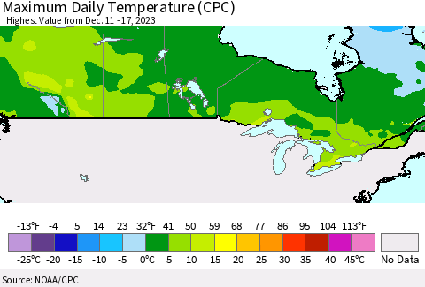 Canada Maximum Daily Temperature (CPC) Thematic Map For 12/11/2023 - 12/17/2023