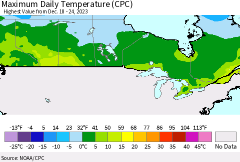 Canada Maximum Daily Temperature (CPC) Thematic Map For 12/18/2023 - 12/24/2023