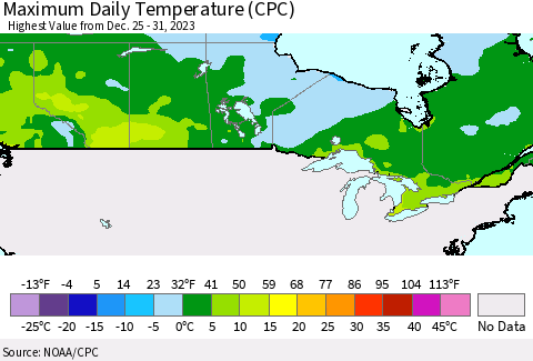 Canada Maximum Daily Temperature (CPC) Thematic Map For 12/25/2023 - 12/31/2023