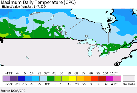 Canada Maximum Daily Temperature (CPC) Thematic Map For 1/1/2024 - 1/7/2024