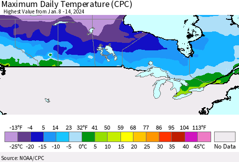 Canada Maximum Daily Temperature (CPC) Thematic Map For 1/8/2024 - 1/14/2024