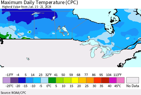 Canada Maximum Daily Temperature (CPC) Thematic Map For 1/15/2024 - 1/21/2024
