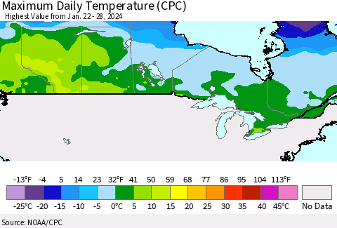Canada Maximum Daily Temperature (CPC) Thematic Map For 1/22/2024 - 1/28/2024