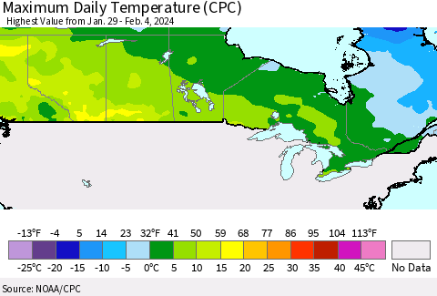 Canada Maximum Daily Temperature (CPC) Thematic Map For 1/29/2024 - 2/4/2024