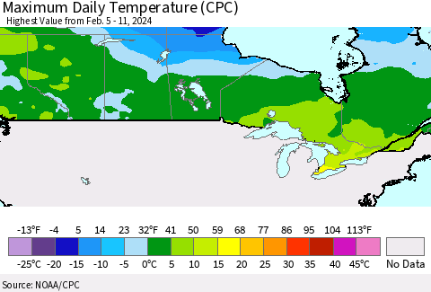 Canada Maximum Daily Temperature (CPC) Thematic Map For 2/5/2024 - 2/11/2024