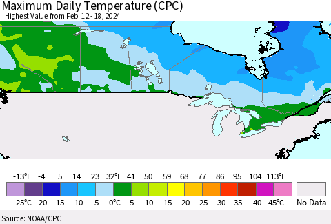 Canada Maximum Daily Temperature (CPC) Thematic Map For 2/12/2024 - 2/18/2024