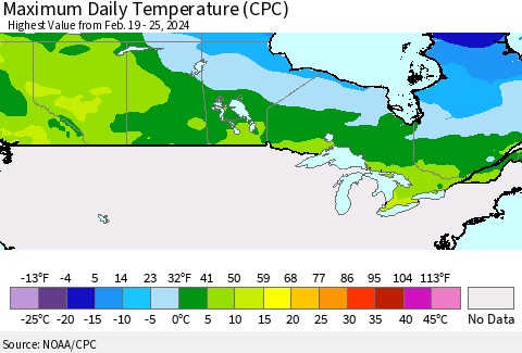 Canada Maximum Daily Temperature (CPC) Thematic Map For 2/19/2024 - 2/25/2024