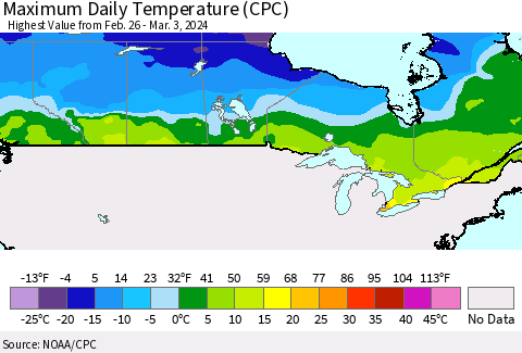 Canada Maximum Daily Temperature (CPC) Thematic Map For 2/26/2024 - 3/3/2024