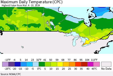 Canada Maximum Daily Temperature (CPC) Thematic Map For 3/4/2024 - 3/10/2024