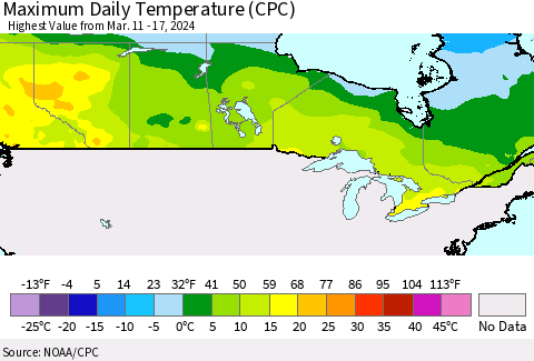 Canada Maximum Daily Temperature (CPC) Thematic Map For 3/11/2024 - 3/17/2024