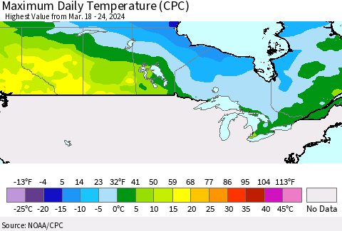 Canada Maximum Daily Temperature (CPC) Thematic Map For 3/18/2024 - 3/24/2024