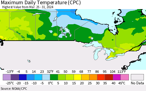 Canada Maximum Daily Temperature (CPC) Thematic Map For 3/25/2024 - 3/31/2024