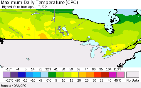 Canada Maximum Daily Temperature (CPC) Thematic Map For 4/1/2024 - 4/7/2024