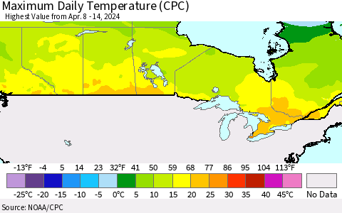 Canada Maximum Daily Temperature (CPC) Thematic Map For 4/8/2024 - 4/14/2024
