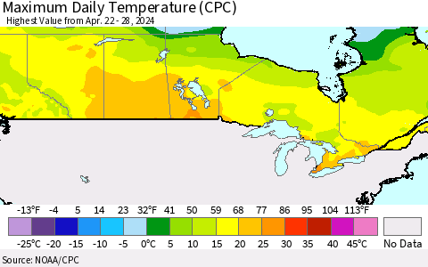 Canada Maximum Daily Temperature (CPC) Thematic Map For 4/22/2024 - 4/28/2024