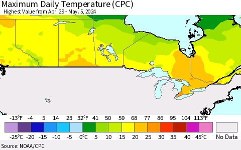 Canada Maximum Daily Temperature (CPC) Thematic Map For 4/29/2024 - 5/5/2024