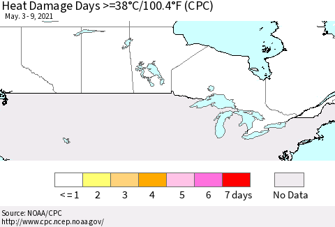 Canada Heat Damage Days >=38°C/100°F (CPC) Thematic Map For 5/3/2021 - 5/9/2021