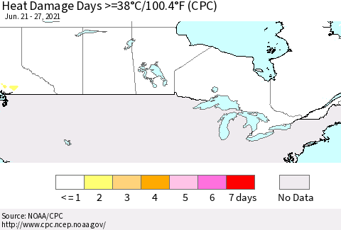 Canada Heat Damage Days >=38°C/100°F (CPC) Thematic Map For 6/21/2021 - 6/27/2021