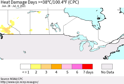 Canada Heat Damage Days >=38°C/100°F (CPC) Thematic Map For 6/28/2021 - 7/4/2021