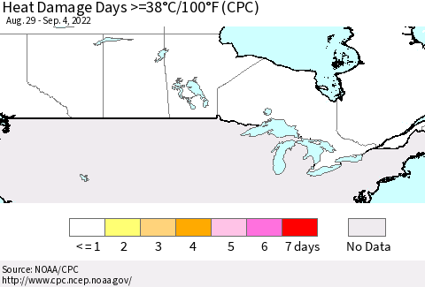 Canada Heat Damage Days >=38°C/100°F (CPC) Thematic Map For 8/29/2022 - 9/4/2022