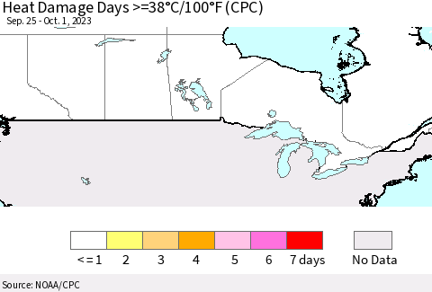 Canada Heat Damage Days >=38°C/100°F (CPC) Thematic Map For 9/25/2023 - 10/1/2023