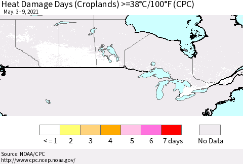Canada Heat Damage Days (Croplands) >=38°C/100°F (CPC) Thematic Map For 5/3/2021 - 5/9/2021