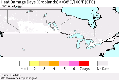 Canada Heat Damage Days (Croplands) >=38°C/100°F (CPC) Thematic Map For 5/17/2021 - 5/23/2021