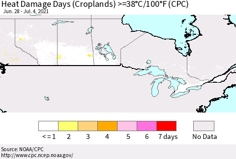 Canada Heat Damage Days (Croplands) >=38°C/100°F (CPC) Thematic Map For 6/28/2021 - 7/4/2021