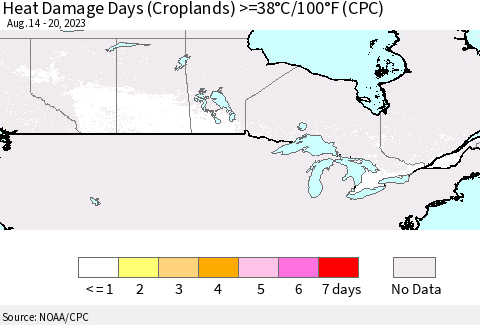 Canada Heat Damage Days (Croplands) >=38°C/100°F (CPC) Thematic Map For 8/14/2023 - 8/20/2023