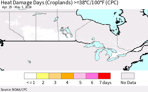 Canada Heat Damage Days (Croplands) >=38°C/100°F (CPC) Thematic Map For 4/29/2024 - 5/5/2024